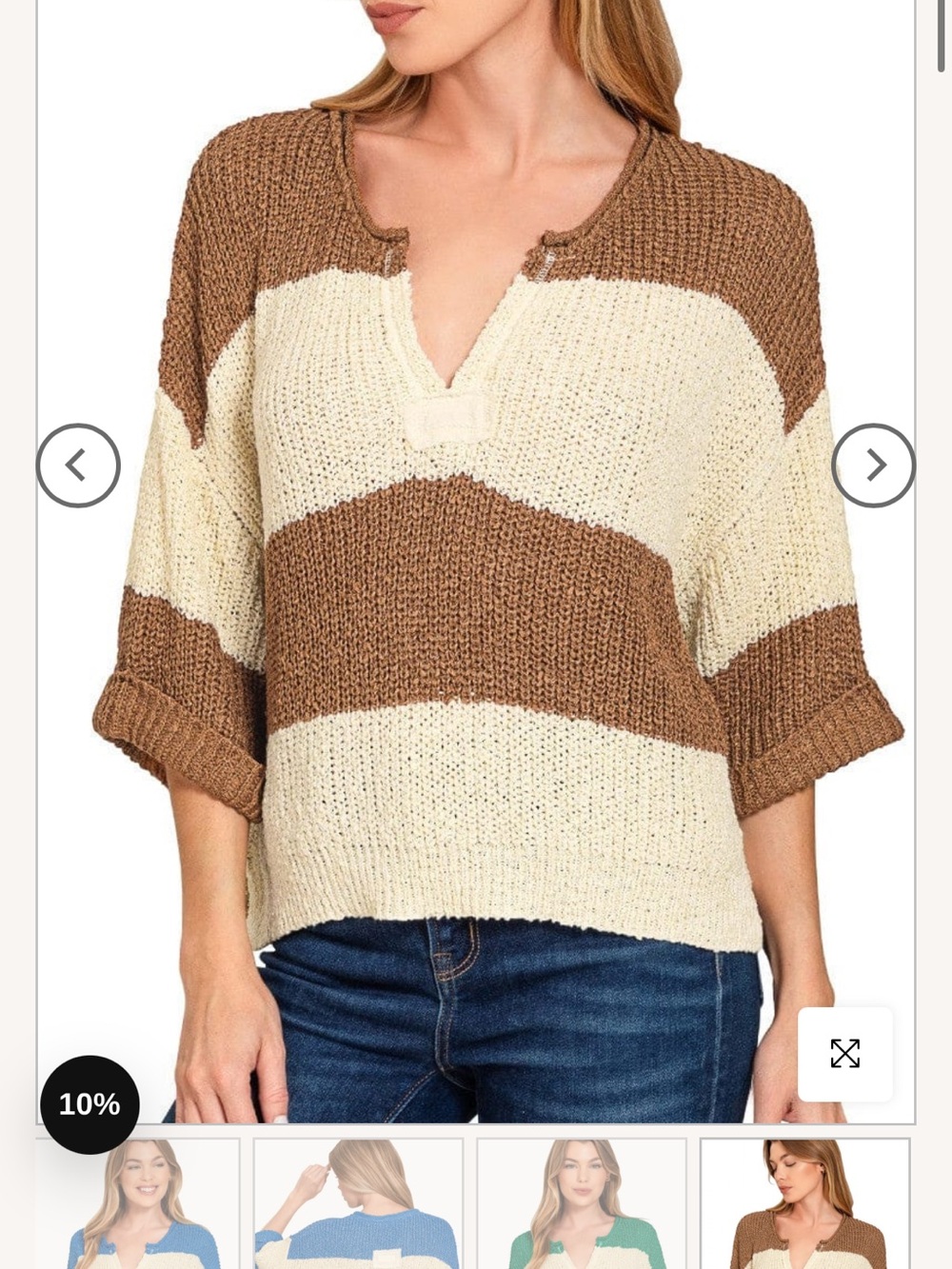Zenana Outfitters Striped V-Neck Sweater in Cream and Brown